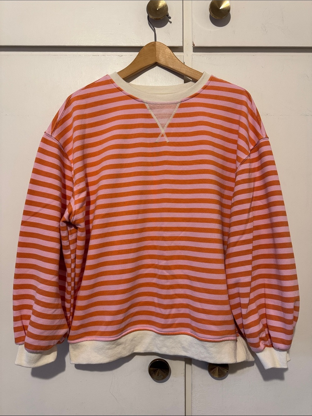 Women's Pink and Orange Striped Crewneck Sweater